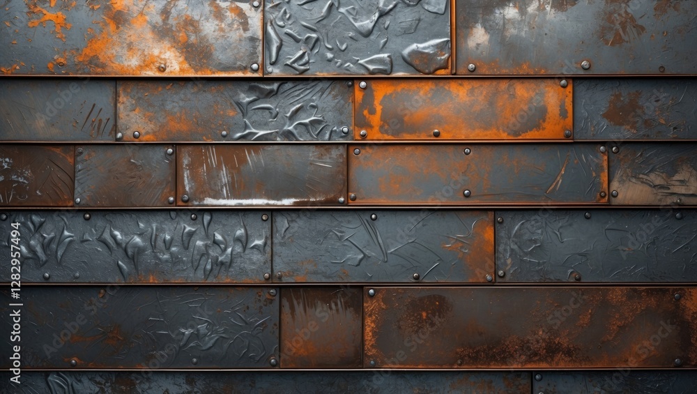 Poster rusty metal panel background with textured surface and variations in color and sheen for industrial 