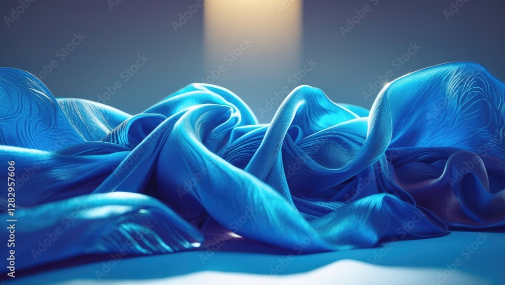 Poster close-up view of textured blue satin fabric draped elegantly with soft lighting and shadows creating