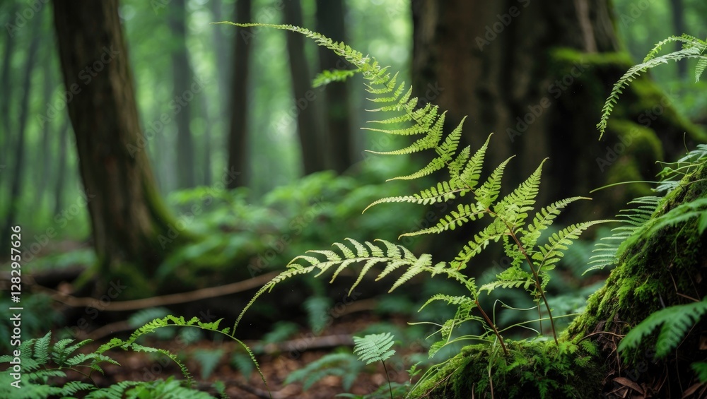 Poster green fern leaves in a dense forest with soft sunlight filtering through trees creating a natural se