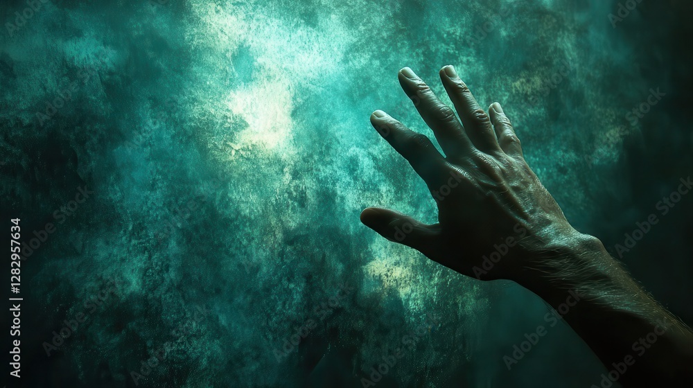 Aufkleber hand reaching toward a textured wall in an artistic indoor setting with soft lighting creating a uni