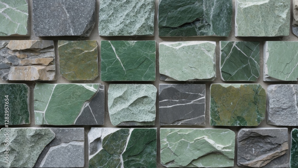 Poster green and gray stone tiles arranged in a patterned layout showcasing different textures and shades o