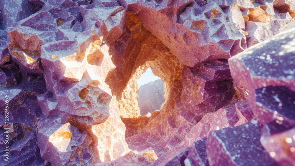 Poster abstract geode interior with crystalline structures displaying vibrant colors and rough textures ill