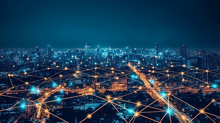 Night cityscape with illuminated network connections.