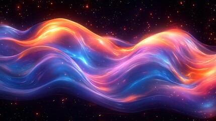 Obraz premium A vibrant digital wave of multicolored light ribbons swirling against a dark background. 