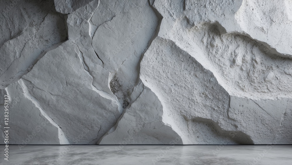 Poster textured white concrete wall with three-dimensional finish in an empty room with gray floor and subt