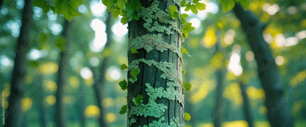 Poster tree trunk covered with green moss and ivy leaves in a forest setting with blurred background and so