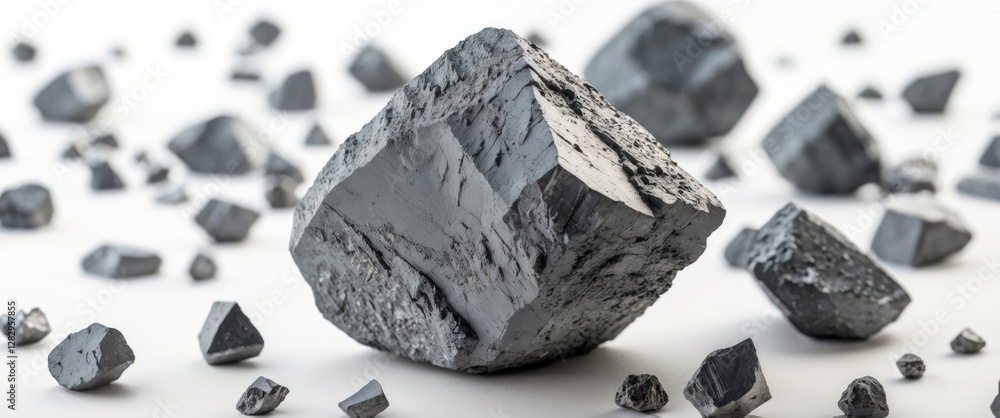 Poster raw metallic gray mineral rocks scattered on a light surface showcasing different shapes and sizes o