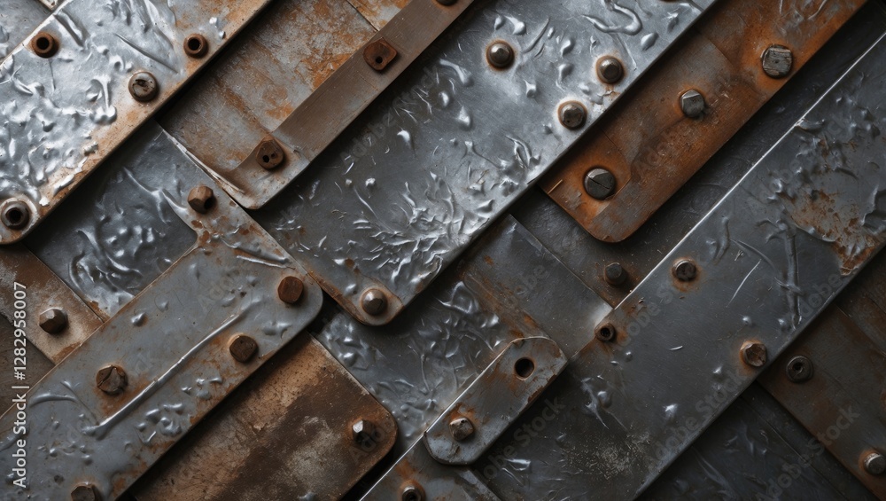 Poster metal plates with rusted edges arranged in a diagonal pattern showcasing textures and rivets for ind