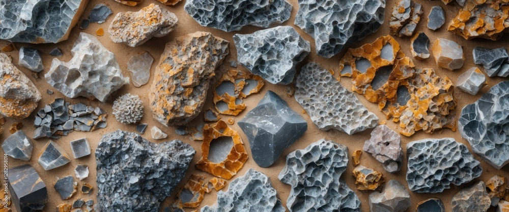 Poster variety of textured and colored rocks displayed on a neutral background showcasing geological format