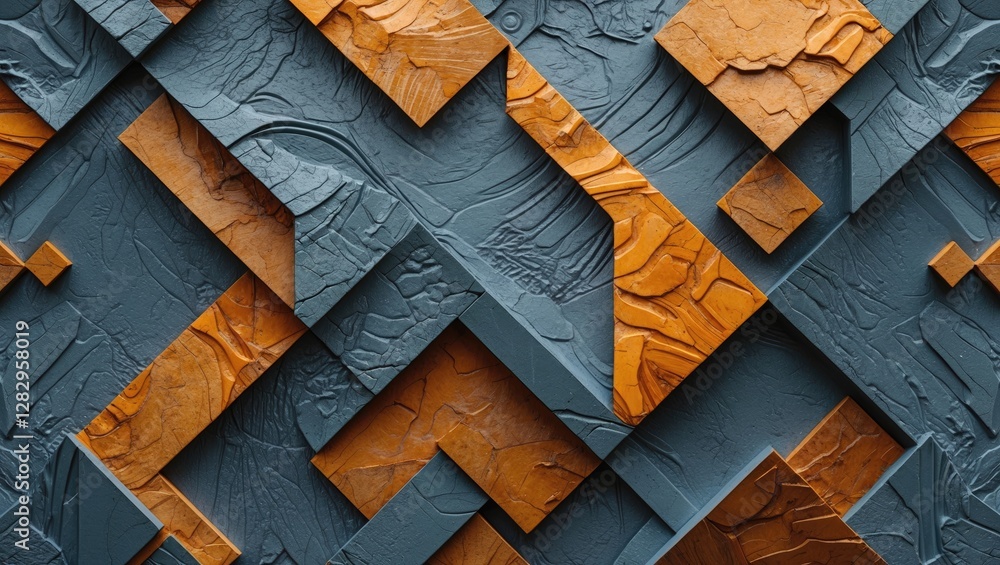 Poster textured abstract background with geometric patterns of blue and orange layers arranged in a diagona