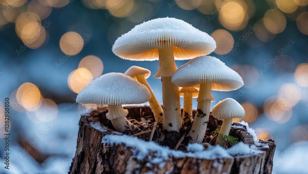 Aufkleber mushrooms growing on a tree stump covered in snow with blurred bokeh lights in the background during