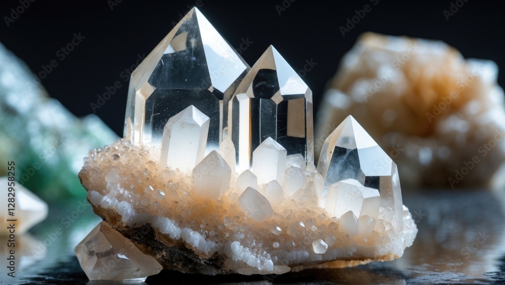 Poster crystal clusters on mineral base with sharp facets and reflections in soft focus background of assor