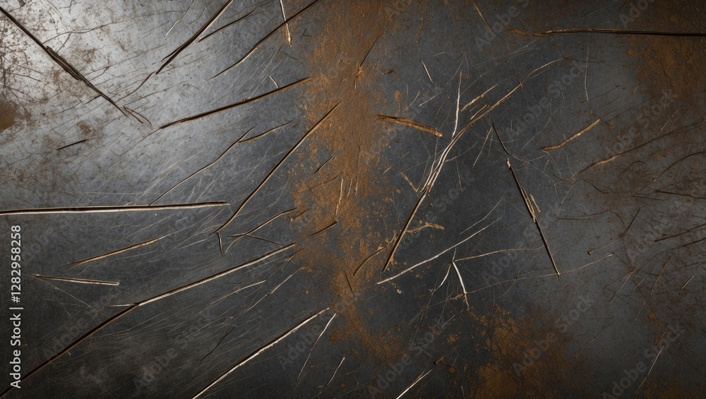 Poster metal surface texture with scratches and rust stains displaying distressed and aged appearance on a 