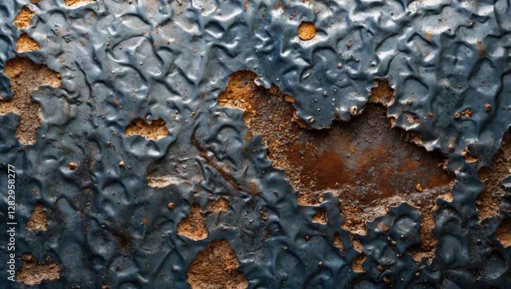 Poster blue textured surface with peeling paint and rust, showcasing layers of deterioration and weathering