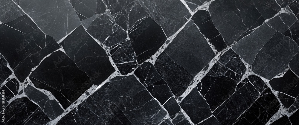 Poster black marble texture with white veins and polished surface arranged in an angular pattern for backgr