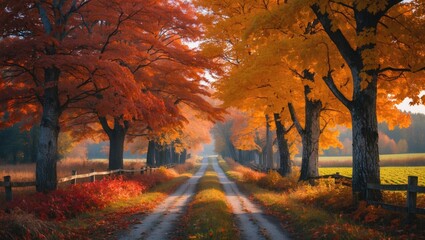 Fototapeta premium Autumn landscape featuring a dirt road lined with vibrant orange and yellow trees and a wooden fence under soft sunlight.