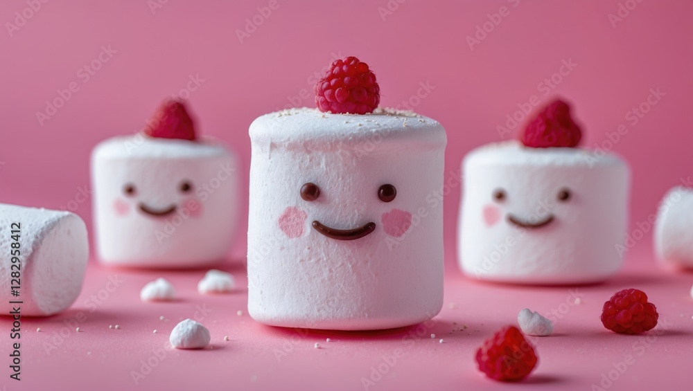 Poster cute marshmallows with smiling faces and raspberry toppings arranged on a pink background.