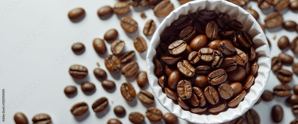 Poster coffee beans in a paper filter with scattered beans on a white surface capturing the texture and det