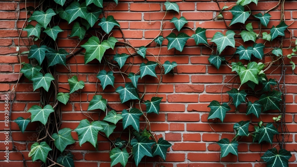 Poster green ivy leaves climbing on a textured red brick wall creating a natural and rustic backdrop for de