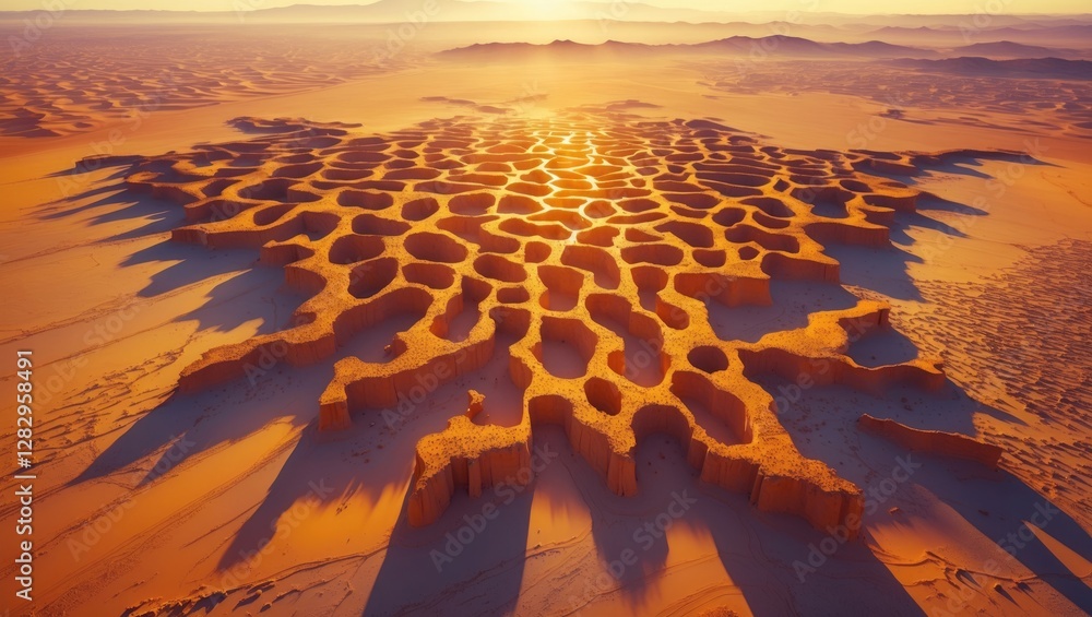 Poster aerial view of unique geological formation in desert landscape during sunset with intricate patterns