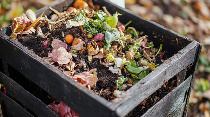 Compost bin overflowing with garden and kitchen waste provides nutrient-rich soil amendment and reduces landfill waste contributing to sustainable gardening practices