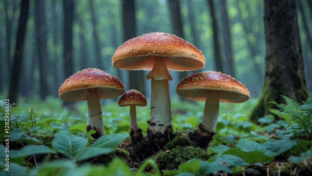 Poster mushrooms with orange caps and white speckles growing in a lush green forest setting with soft natur