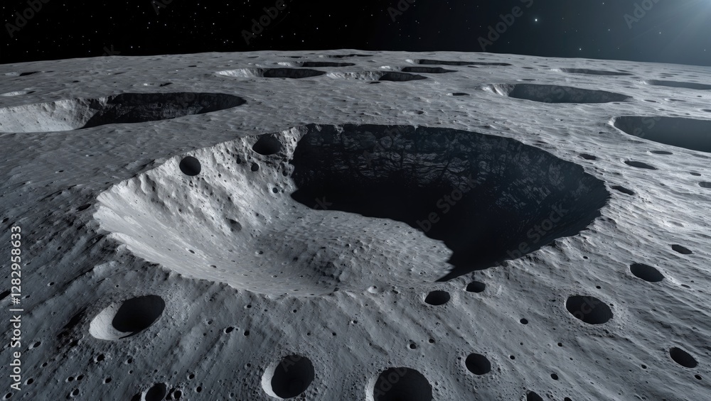 Poster detailed view of lunar surface featuring multiple craters and pit formations under a starry sky in s
