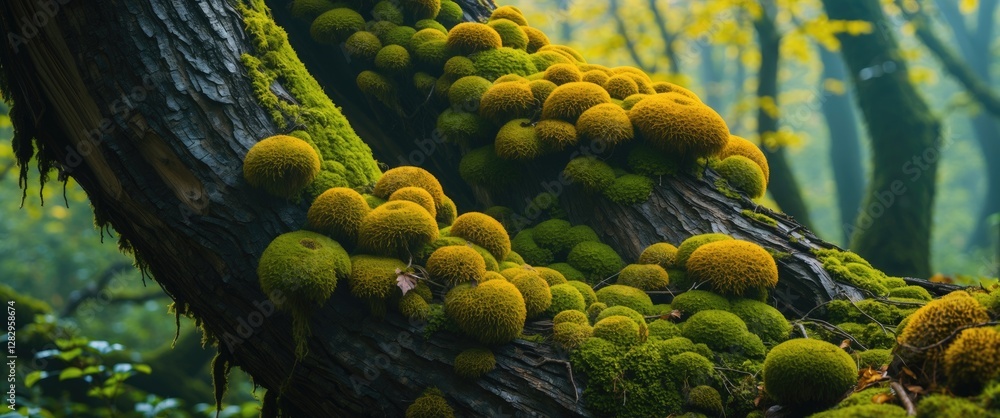 Poster moss-covered tree trunk in a forest during autumn with soft natural light and dense foliage in the b