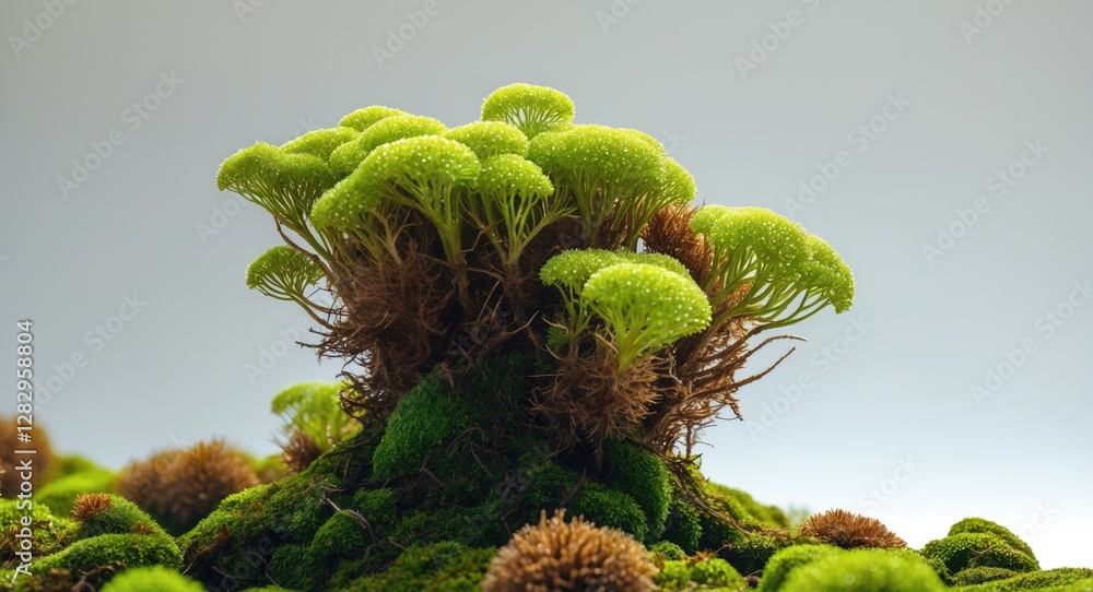 Poster green moss with unique structure and texture growing on soil in a natural environment with blurred b