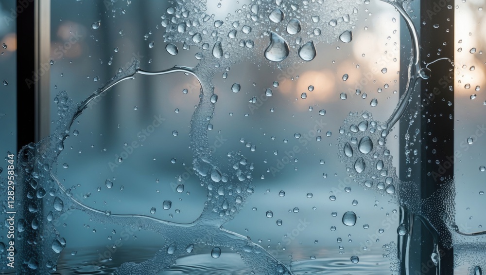 Poster close-up of water droplets on glass surface with blurred background creating a dreamy effect of mois