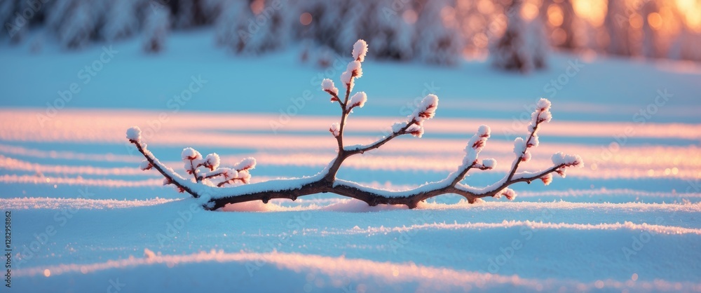 Poster snow-covered branch in the foreground with a soft snowy landscape and warm light in the background d