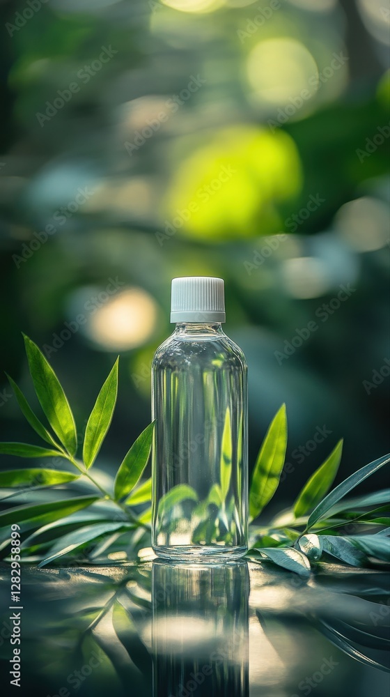 Poster distinctive bottle of water adorned with green leaves resting on a surface creating a refreshing nat