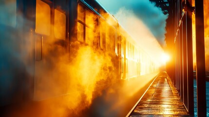 Fototapeta premium Train Arriving at Station Platform in Golden Light and Misty Atmosphere