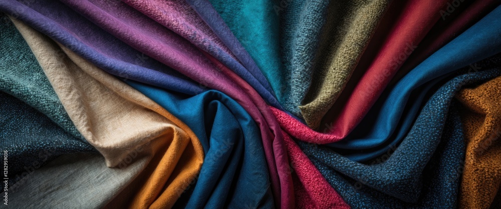 Poster textured fabric in various colors arranged in folds showcasing rich hues and intricate patterns for 