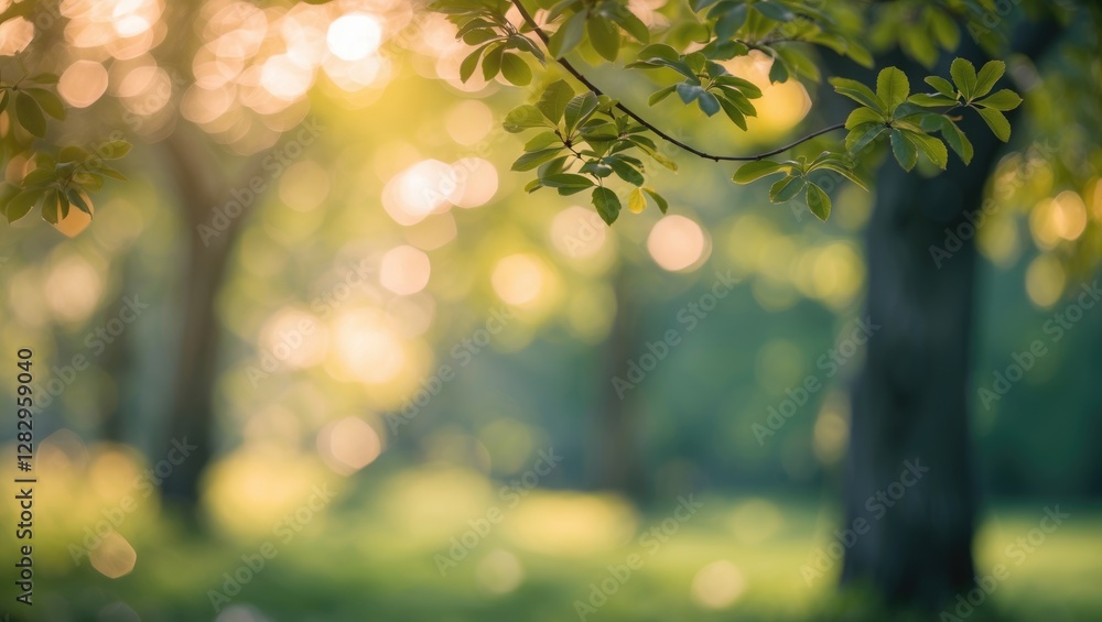 Poster sunlight filtering through green leaves with blurred background of a forest creating a natural bokeh