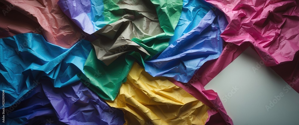 Poster crumpled colored paper sheets in various shades arranged in a textured pattern on a flat surface