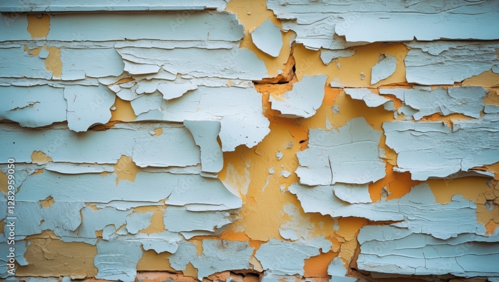 Poster peeling paint texture on weathered exterior wall displaying layers of blue and orange color with vis