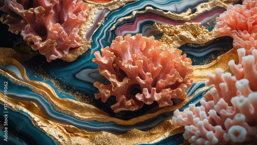 Poster coral formations on textured agate background with golden accents and intricate patterns.