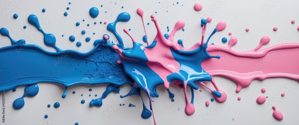 Poster blue and pink paint splashes on white background with dynamic drips and droplets creating a colorful