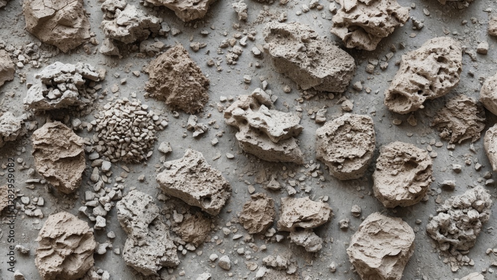 Poster textured surface of various sizes and shapes of gravel and rocks with a light beige and gray color p