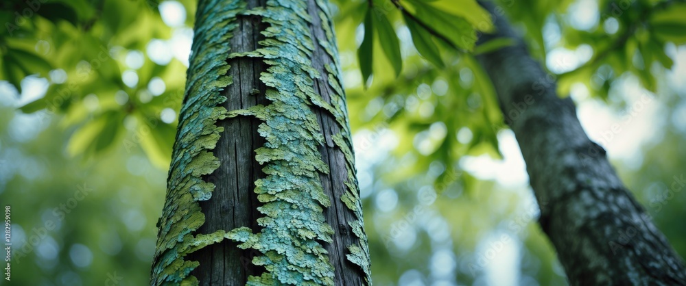 Poster close-up of tree trunk covered with green lichen and surrounded by blurred green foliage in a forest