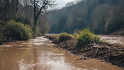 Obraz premium Riverbank with muddy water and green vegetation in early spring surrounded by trees in a forested area.