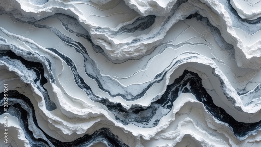 Poster black and white layered stone surface texture with wavy patterns for abstract backgrounds and natura