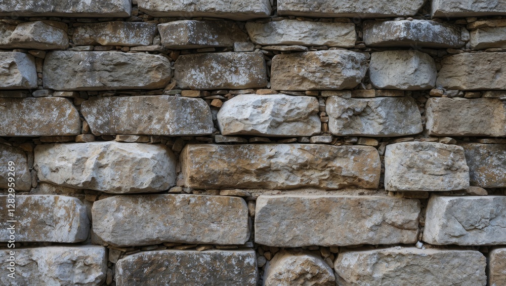 Poster textured stone wall with irregularly shaped and sized stones in natural colors, creating a rustic an