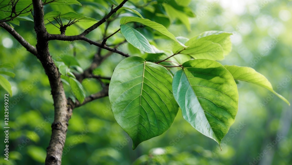 Poster green leaves on a tree branch with blurred natural background in a forest setting showcasing vibrant