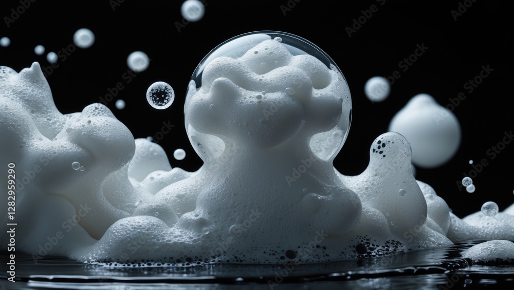 Poster close-up view of soap bubbles and foam with a dark background creating contrast and highlighting the