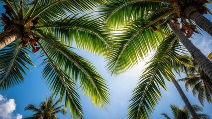 Fototapeta premium Palm trees with broad green leaves under a bright blue sky with sunlight filtering through in a tropical setting