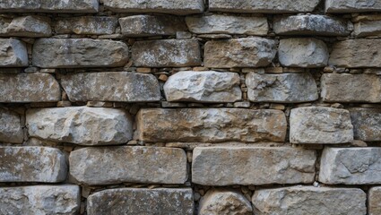 Obraz premium Textured stone wall with irregularly shaped and sized stones in natural colors, creating a rustic and durable surface background.