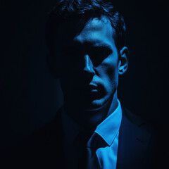 Obraz premium Dramatic portrait of a businessman in low light studio setting photography dark environment side view mystery concept