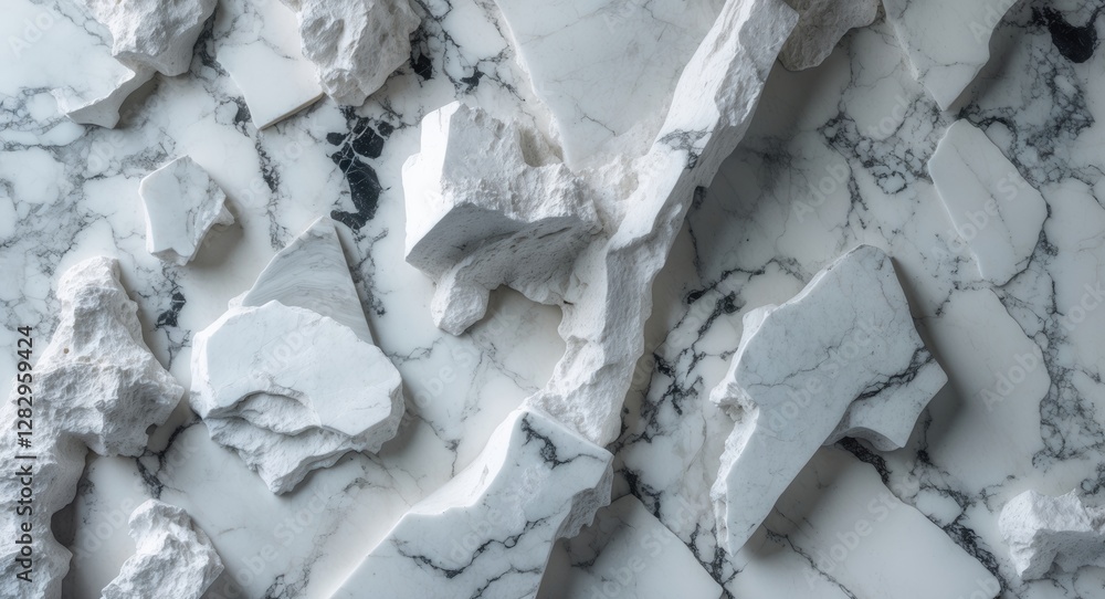 Poster marble stone fragments with varying textures and patterns displayed on a flat surface featuring a mi